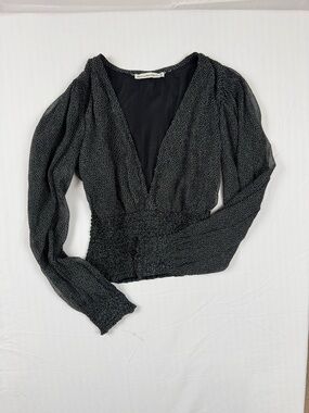 Abercrombie & Fitch Black Polka Dot Smocked Waist Blouse XS Sheer Puff Sleeve